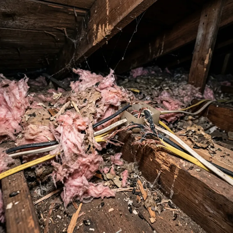 Contaminated ceiling insulation being assessed in a Pakenham roof space