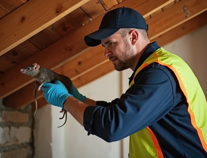 Technician inspecting a roof cavity for a dead rat in Pakenham